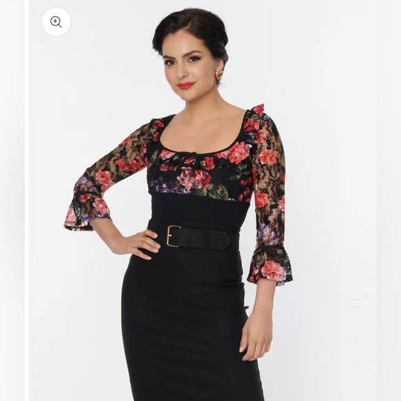 Unique Vintage NWT Black Floral Lace Knit Blouse - Picture 4 of 6